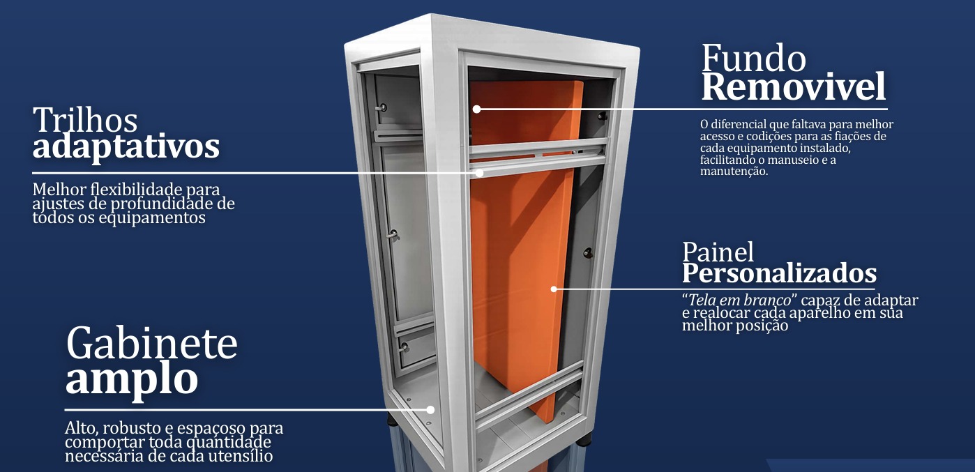 Gabinete met&aacute;lico personalizado com portas remov&iacute;veis, trilhos adaptativos e fundo remov&iacute;vel
