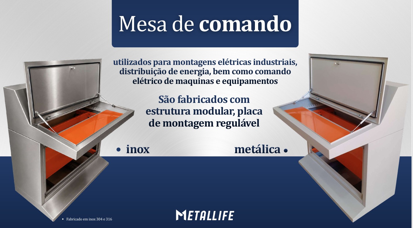 Mesa de comando industrial em inox e a&ccedil;o com placa de montagem regul&aacute;vel